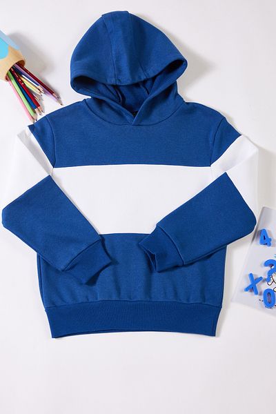 TRENDYOLKIDS Boy's Blue Knitted Sweatshirt - Thin Hooded, Color Block, Seasonal Tkdaw25sw00010