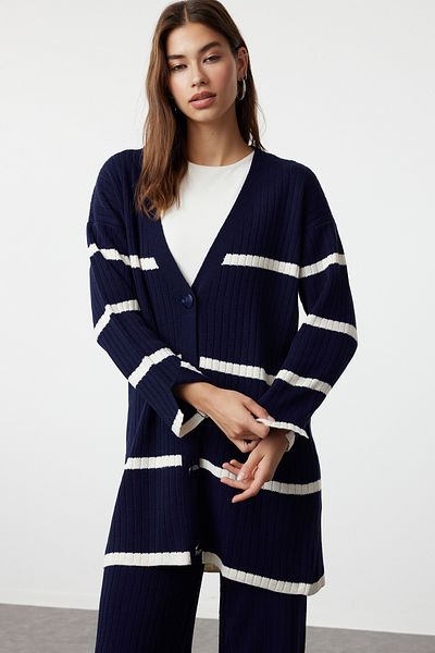 Trendyol Modest Sötétkék körbefutó kötött kardigán-nadrág alsó-felső készlet TCTAW24US00033