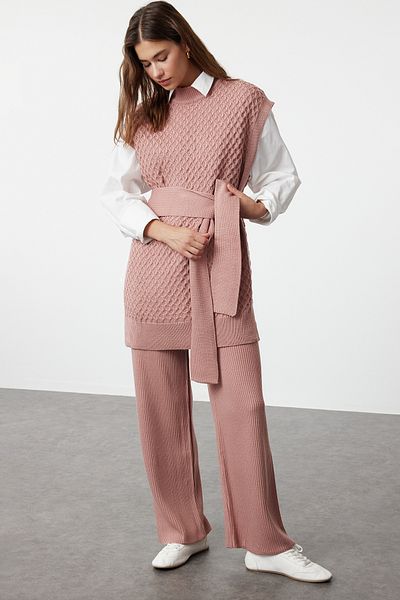 Trendyol Modest Rose Dried Belted Rice Knitted Sweater-Pants Knitwear Top and Bottom Set TCTAW24US00045