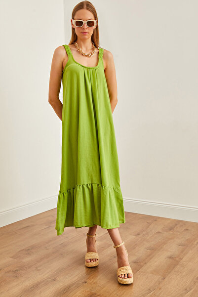 Olalook Rochie maxi oversize verde ulei pentru femei - țesută cu bretele ELB-...