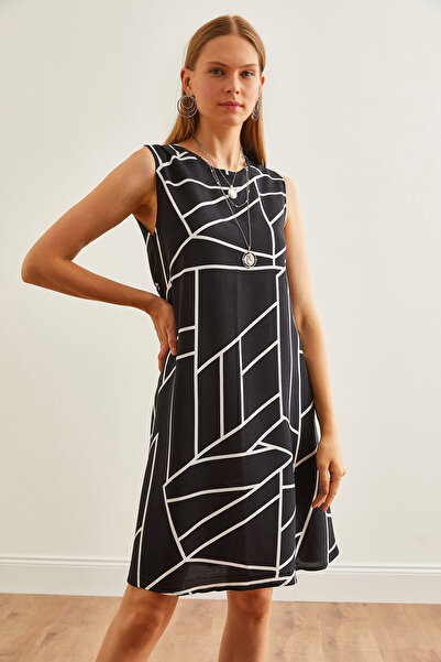 Olalook Black Viscose Striped Dress - Drop Detailed, ELB-19002231