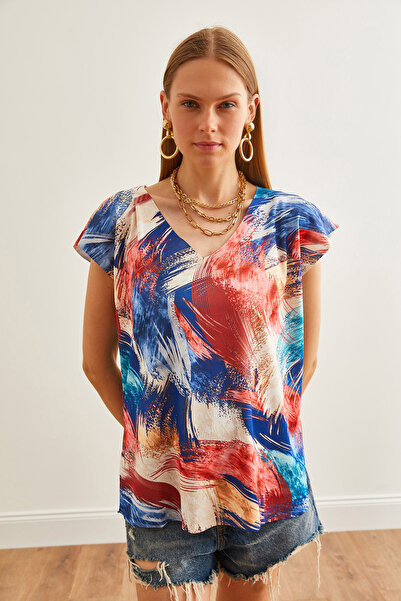 Olalook V-Neck Digital Printed Multicolor Women's Knitwear Blouse - BLZ-19002700