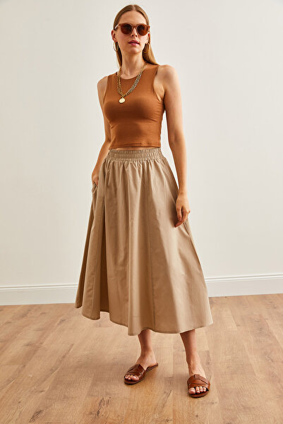 Olalook Kadın Taş Cepli Beli Lastikli Midi Dokuma Çan Etek ETK-19000271