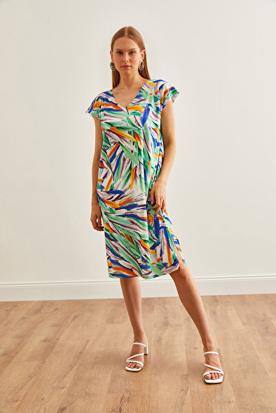 Olalook Καλοκαιρινό φόρεμα πλεκτό με λαιμόκοψη με πράσινο μέντα - Ψηφιακή εκτύπωση, ELB-19002227