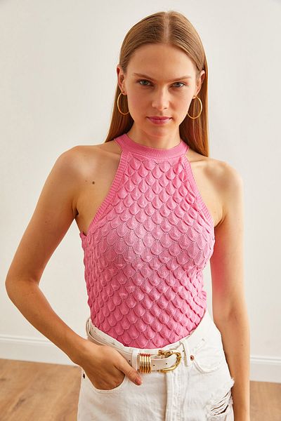 Olalook Ροζ μπλούζα πλεκτό με λαιμόκοψη - Fish Back Braided BLZ-19002702