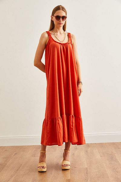 Olalook Narancssárga Oversize Maxi női ruha - pántos szőtt ELB-19002235