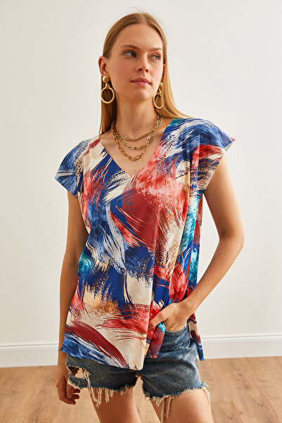 Olalook Πολύχρωμη γυναικεία πλεκτά μπλούζα με ψηφιακή εκτύπωση V-Neck - BLZ-19002700