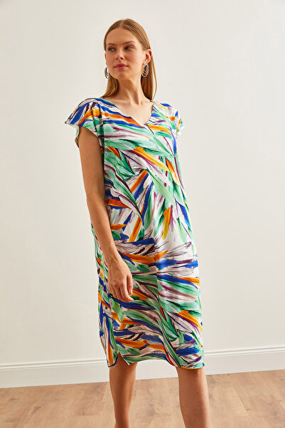 Olalook Καλοκαιρινό φόρεμα πλεκτό με λαιμόκοψη με πράσινο μέντα - Ψηφιακή εκτύπωση, ELB-19002227