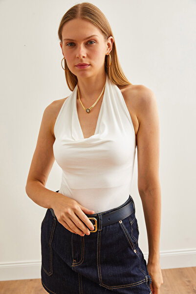 Olalook Women's Ecru Neck Strap Degaje Collar Bottom Snap Bodysuit Bdy- 00000050