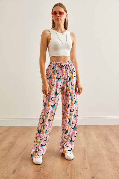 Olalook Kadın Şekil Pembe Beli Bağcıklı Desenli  Dokuma Viskon Palazzo Pantolon PNT-19000287