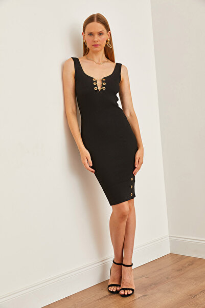 Olalook Μαύρο λουράκι καλοκαιρινό πλεκτό φόρεμα - Bird Eye Detailed ELB-19002229