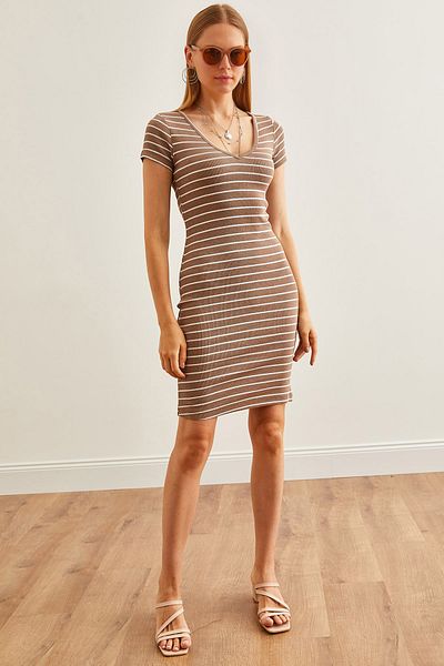 Olalook Camel Striped Flexible V-Neck Women's Mini Dress - ELB-19002225
