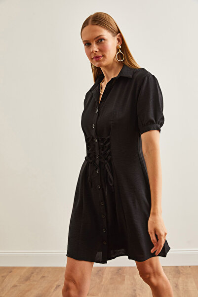 Olalook Μαύρο μίνι πουκάμισο φόρεμα - λεπτομέρεια με κορδόνι μέσης, ELB-19002237