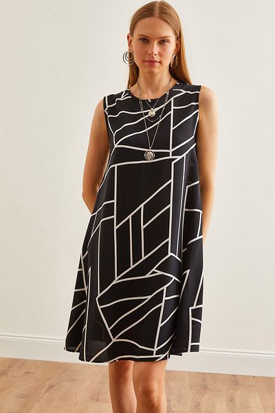 Olalook Black Viscose Striped Dress - Drop Detailed, ELB-19002231