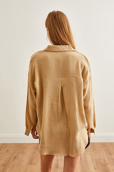 Olalook Camel Color Oversize Women's Muslin Shirt - GML-19001217