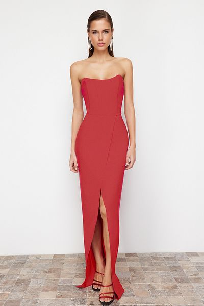 Trendyol Collection Piros fűző részletes szövésű hosszú estélyi ruha TPRSS24AE00151