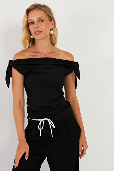 Cool & Sexy Schwarze Bluse mit Schulterschnürung für Damen EY2851