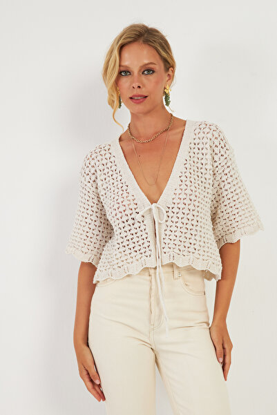 Cool & Sexy Openwork Ecru Knitwear Women's Cardigan - YV255