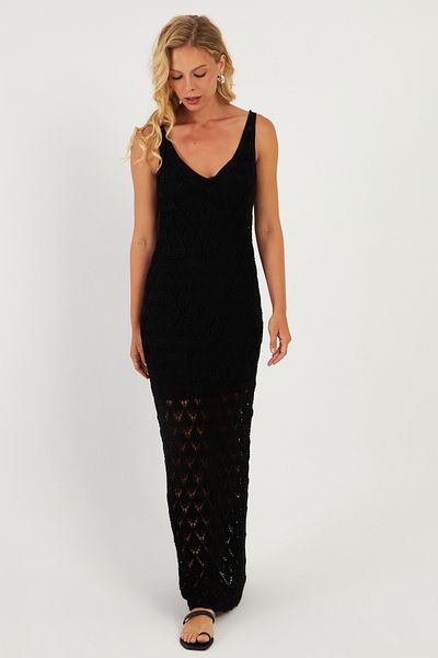 Cool & Sexy Czarna dzianinowa sukienka damska Maxi - na podszewce, KZ3211