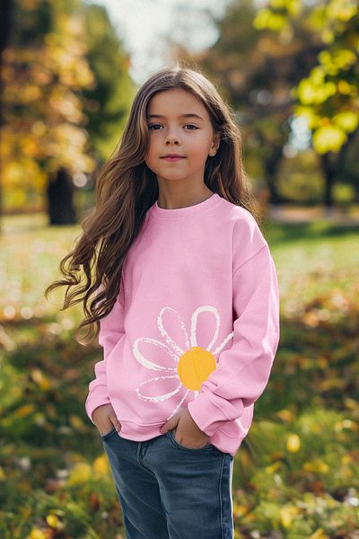 TRENDYOLKIDS Rosafarbenes, Dünnes, Saisonales Strick-sweatshirt Mit Blumenmuster Für Mädchen – Tkdaw25sw00001