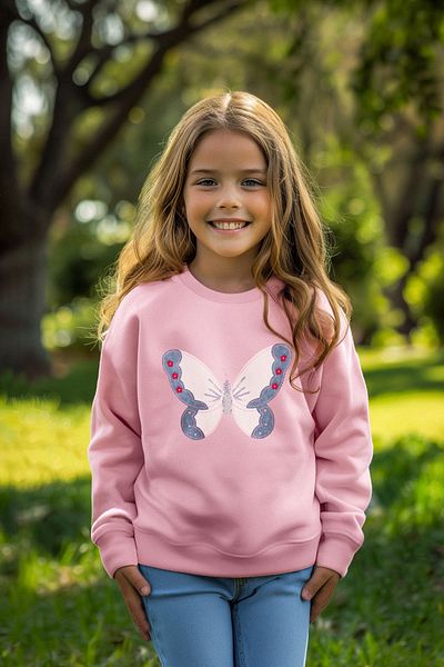 TRENDYOLKIDS Girl's Pink Thin Butterfly Patterned Seasonal Knitted Sweatshirt - Tkdaw25sw00001