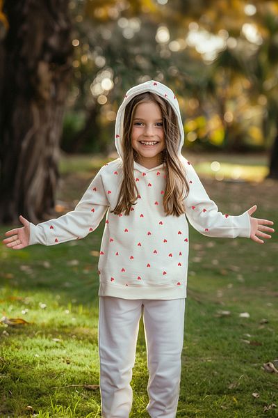 TRENDYOLKIDS Girl's Ecru Seasonal Hooded Knitted Sweatshirt - Thin Heart Patterned Tkdaw25sw00002
