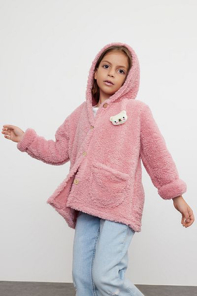 TRENDYOLKIDS Girl's Pink Hooded Plush Jacket - Pocket, Knitted TKDAW25CE00003