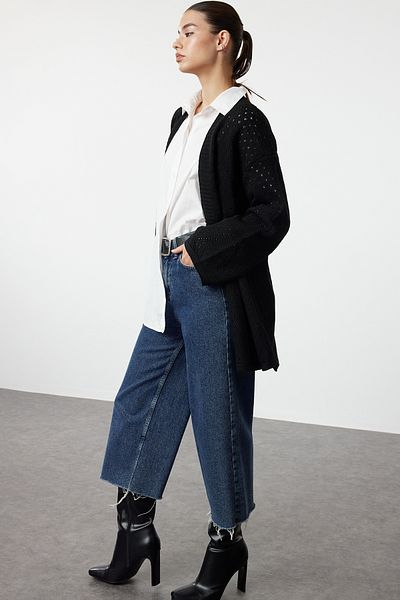 Trendyol Collection Wide Fit Black Knitwear Midi Cardigan - Openwork and Perforated Twoaw24Hi00331