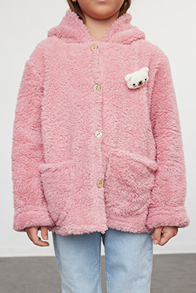 TRENDYOLKIDS Girl's Pink Hooded Plush Jacket - Pocket, Knitted TKDAW25CE00003