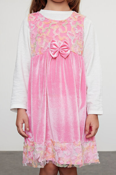 TRENDYOLKIDS Κοριτσίστικο Φούξια Κορδέλες Βαμβακερό Πλεκτό Φόρεμα - TKDAW25EL00002