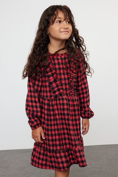TRENDYOLKIDS Piros lány kockás normál ruha - TKDAW25EL00004