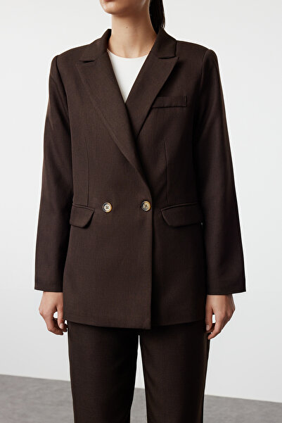 Trendyol Modest Σετ λινό υφαντό μπουφάν και παντελόνι - Καφέ TCTSS24US00093