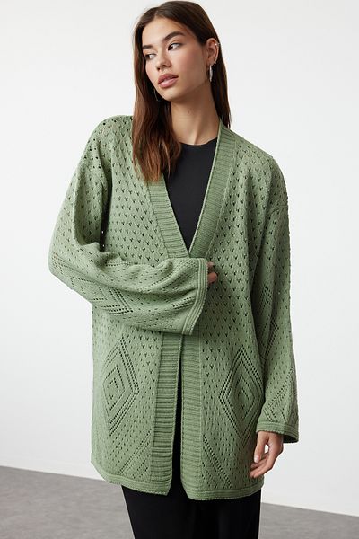 Trendyol Collection Mint Openwork/Hole Wide Fit Midi Knitwear Cardigan - Twoaw24Hi00331