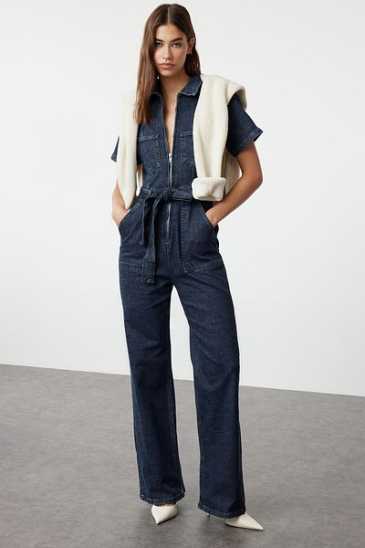 Trendyol Collection Denim Belted Dark Blue Jumpsuit - TWOAW25TU00000