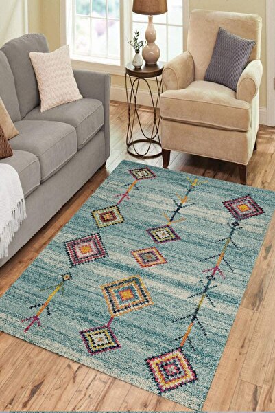 CAPPİO HALI Şönil Klim Desenli Turkuaz Halı Makinada Yıkanabilir Kaymaz Dot T...