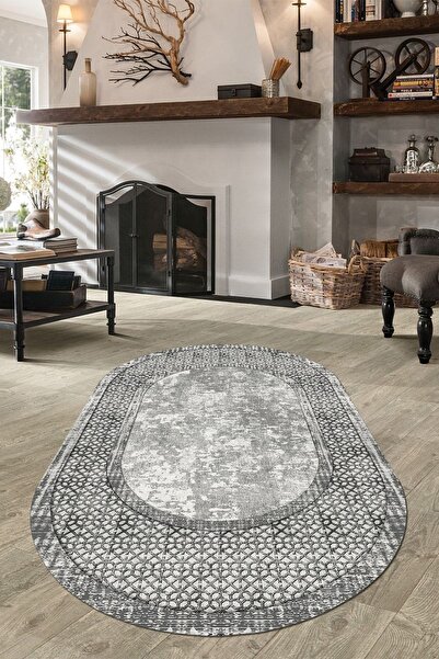 WOOLLY HOME COLLECTİON Etnik Desenli Gri Oval Halı (makinada Yıkanabilir Kaymaz Dot Taban) - Wlly1146
