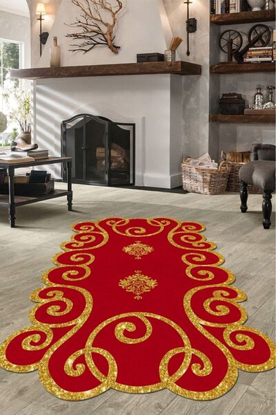ESTA HALI Lazer Kesim Kırmızı-gold (simli) Halı Kaymaz Taban (makinada Yıkana...
