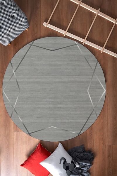 CAPPİO HALI Gümüş Şeritli Gri Yuvarlak Halı (makinada Yıkanabilir Kaymaz Deri...