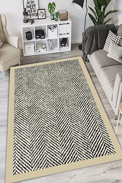 CAPPİO HALI Krem Çerçeveli Çizgisel Halı (makinada Yıkanabilir Kaymaz Dot Tab...