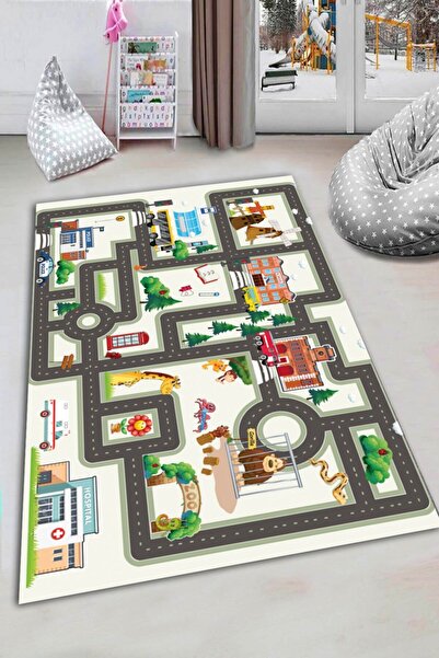 CAPPİO HALI Şehir Desenli Çocuk Odası Halısı (makinada Yıkanabilir Kaymaz Dot...