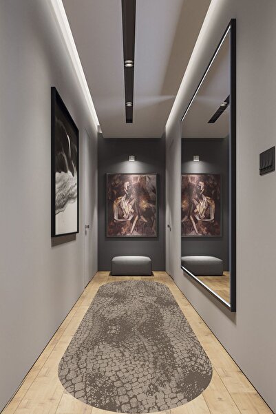 ESTA HALI Taş Desenli Kahverengi Oval Halı Kaymaz Taban Halı (makinada Yıkana...