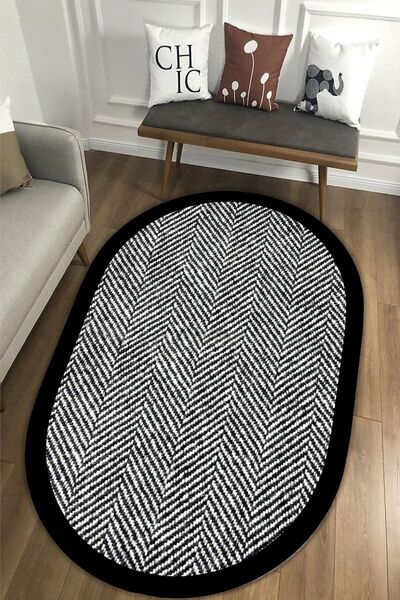 CAPPİO HALI Siyah Çerçeveli Çizgisel Oval Halı (makinada Yıkanabilir Kaymaz D...