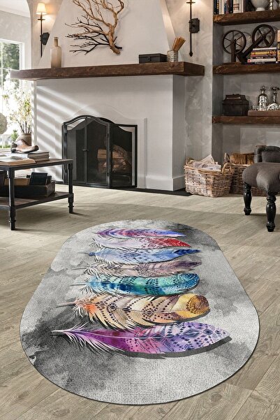 ESTA HALI Renkli Tüy Desenli Dijital Baskılı Oval Halı Esta1096