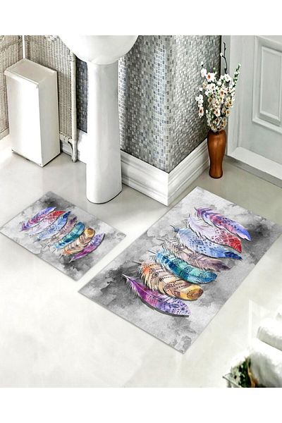 CAPPİO HALI Set de covoare de baie cu modele de pene colorate (60x100/40x60) - Cp1096