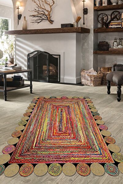 CAPPİO HALI Jüt Hasır Görümlü Renkli Lazer Kesim Halı (makinada Yıkanabilir K...