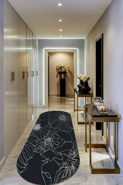 CAPPİO HALI Minimalist Çiçek Desenli Oval Halı (makinada Yıkanabilir Kaymaz D...