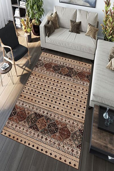 WOOLLY HOME COLLECTİON Açık Kahve Afgan Desenli Halı (makinada Yıkanabilir Ka...
