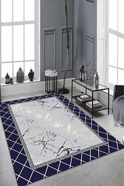 WOOLLY HOME COLLECTİON Lacivert Çapraz Motifli Mermer Desenli Halı (makinada ...