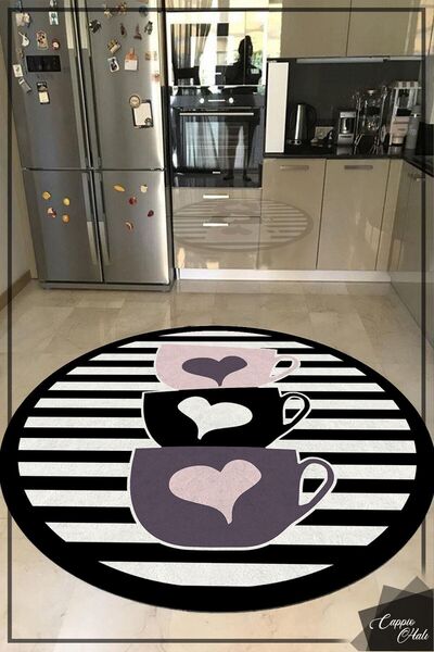 CAPPİO HALI Siyah Beyaz Çizgili Fincan Desenli Yuvarlak Halı