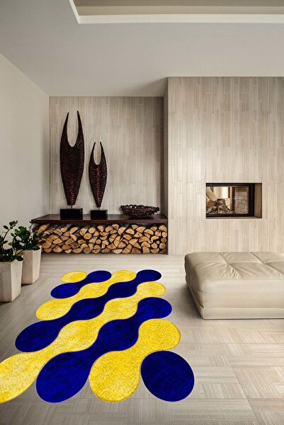 CAPPİO HALI Bulut Desenli Sarı-lacivert Lazer Kesim Halı (makinada Yıkanabili...